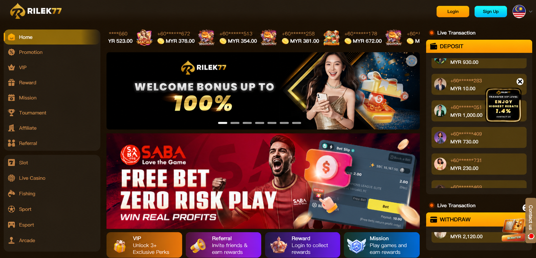 RILEK77 online casino Malaysia homepage with slots, live casino, sports, promotions, VIP rewards and MYR transactions