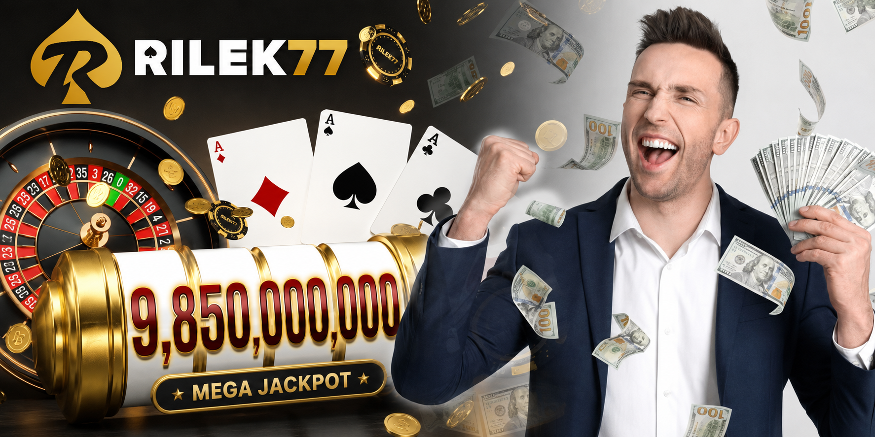 RILEK77 mega jackpot casino promotion with roulette, playing cards and cash prize graphics