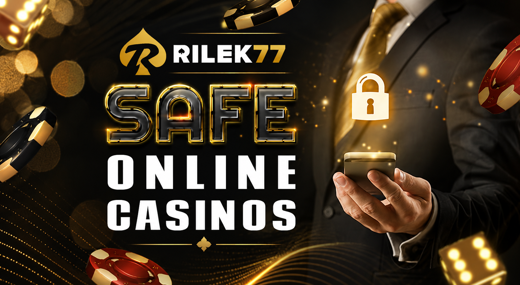 RILEK77 online casino security banner with lock icon and smartphone