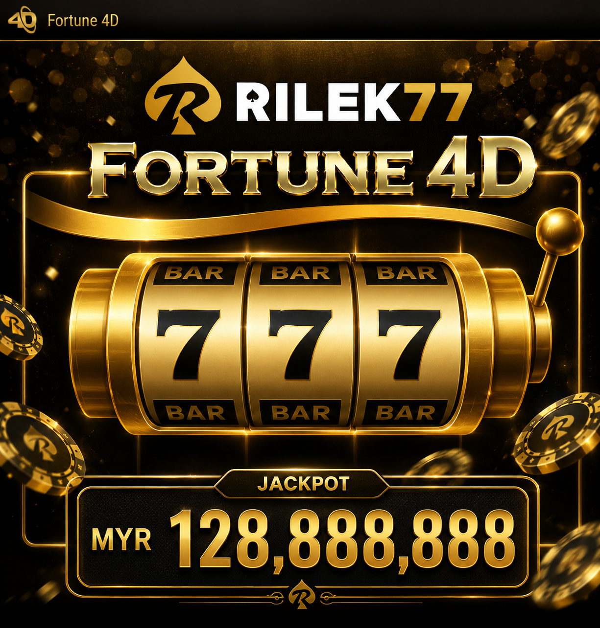 RILEK77 Fortune 4D jackpot game with MYR 128,888,888 prize display